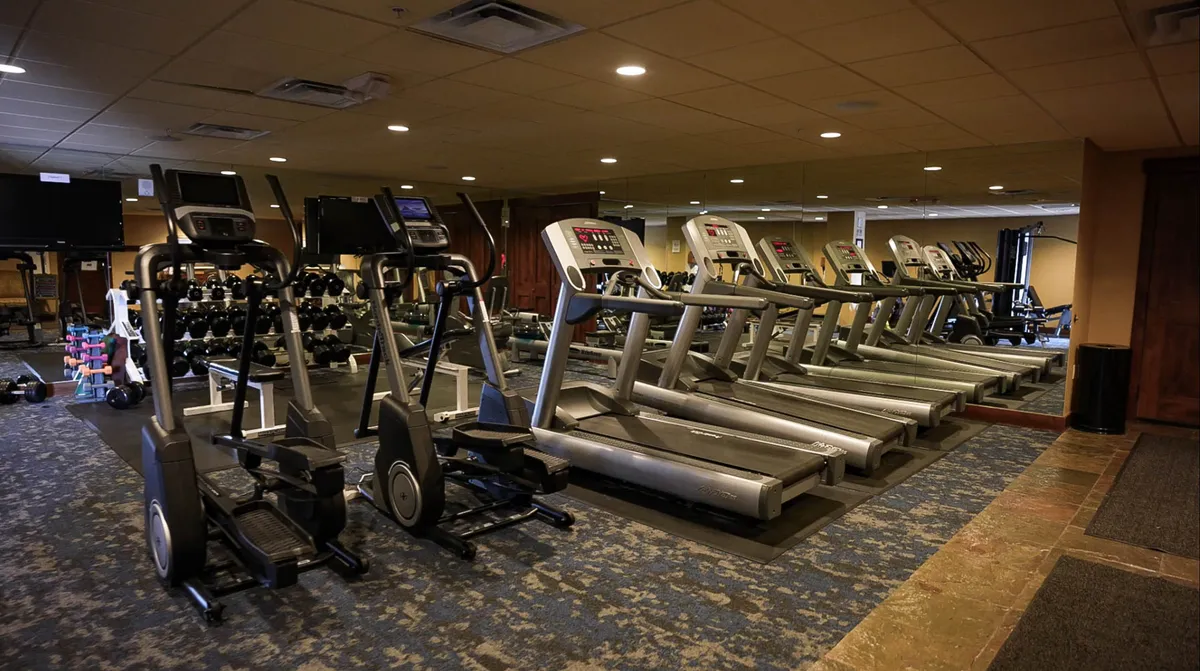 A bright, modern fitness center is shown with rows of elliptical machines, treadmills, free weights, and a full mirrored wall, providing ample space for personal workouts or group fitness classes.